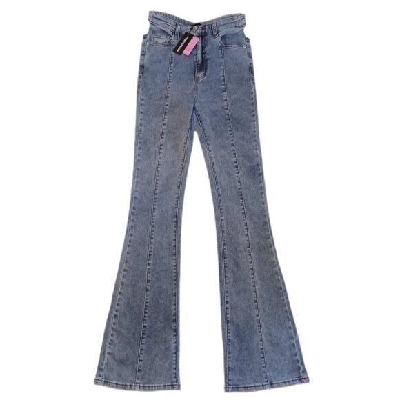 Pretty Little Thing Womens Size 4 Jeans Vintage Wash Cut Out Stretch Waistband - Picture 2 of 9